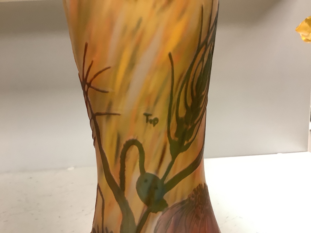 A floral glass vase, apocryphal Daum mark, 24cm high